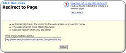 example of the redirect page layout showing where you need to enter the web address of where you wish to redirect visitors to